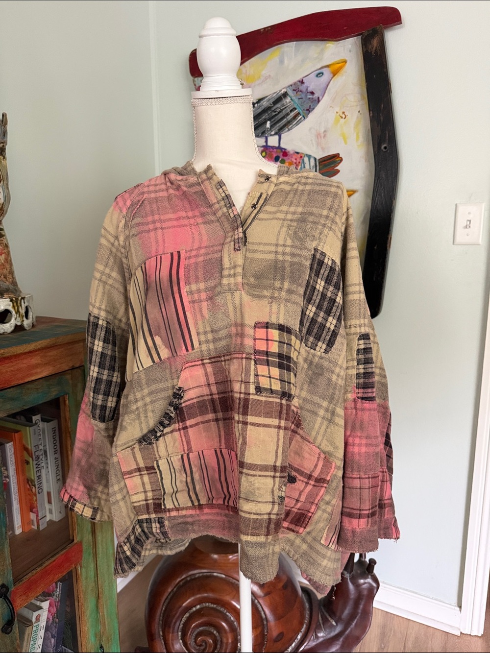 Magnolia Pearl Plaid Pullover Hoodie with Pink and Tan Patchwork